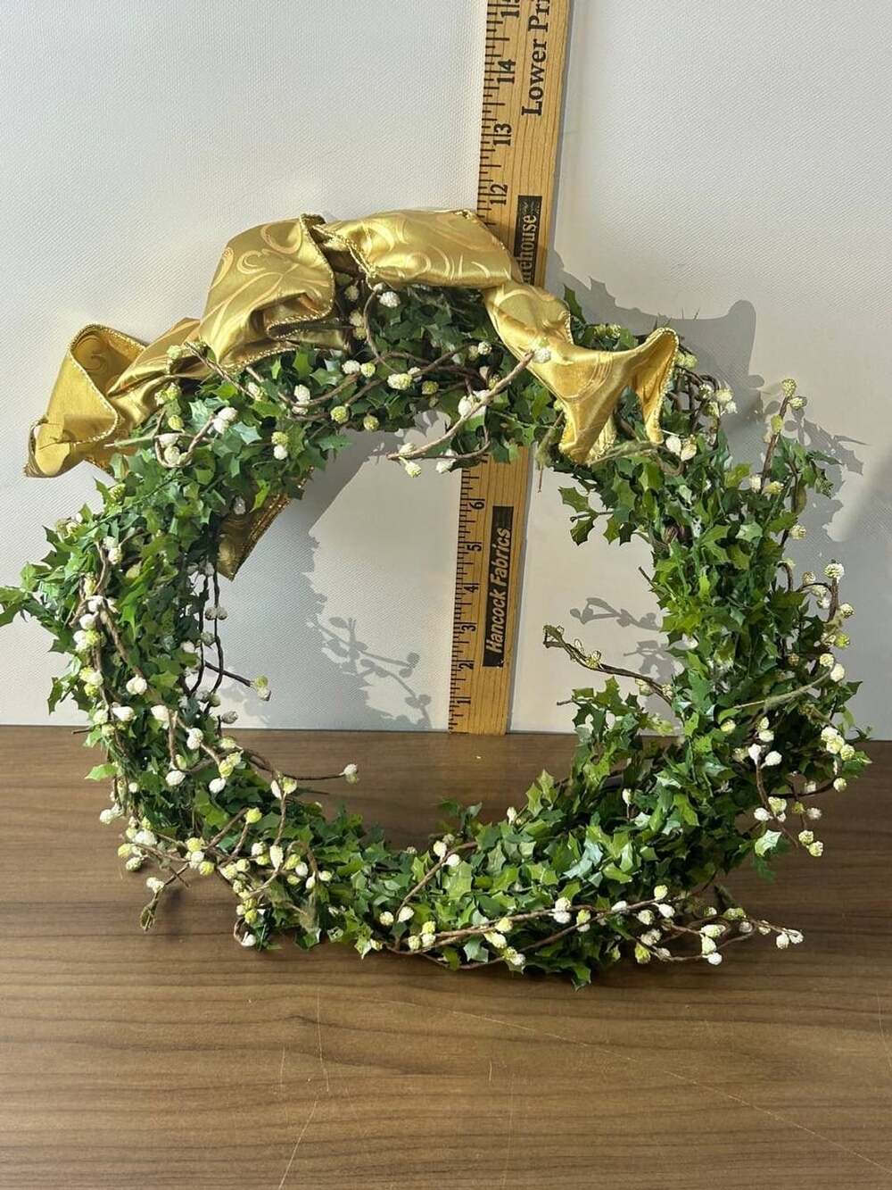 Artificial Greenery Wreath White Berries Gold Ribbon Bow Holiday Door Wall Decor